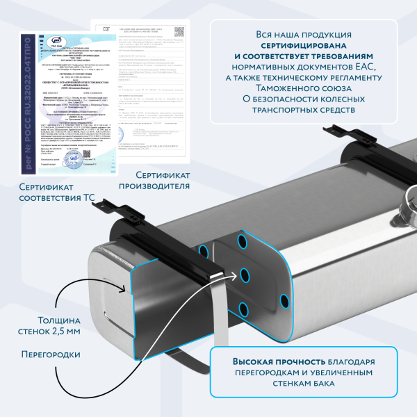 Алюминиевый топливный бак 270 литров Freightliner FL (Правый)